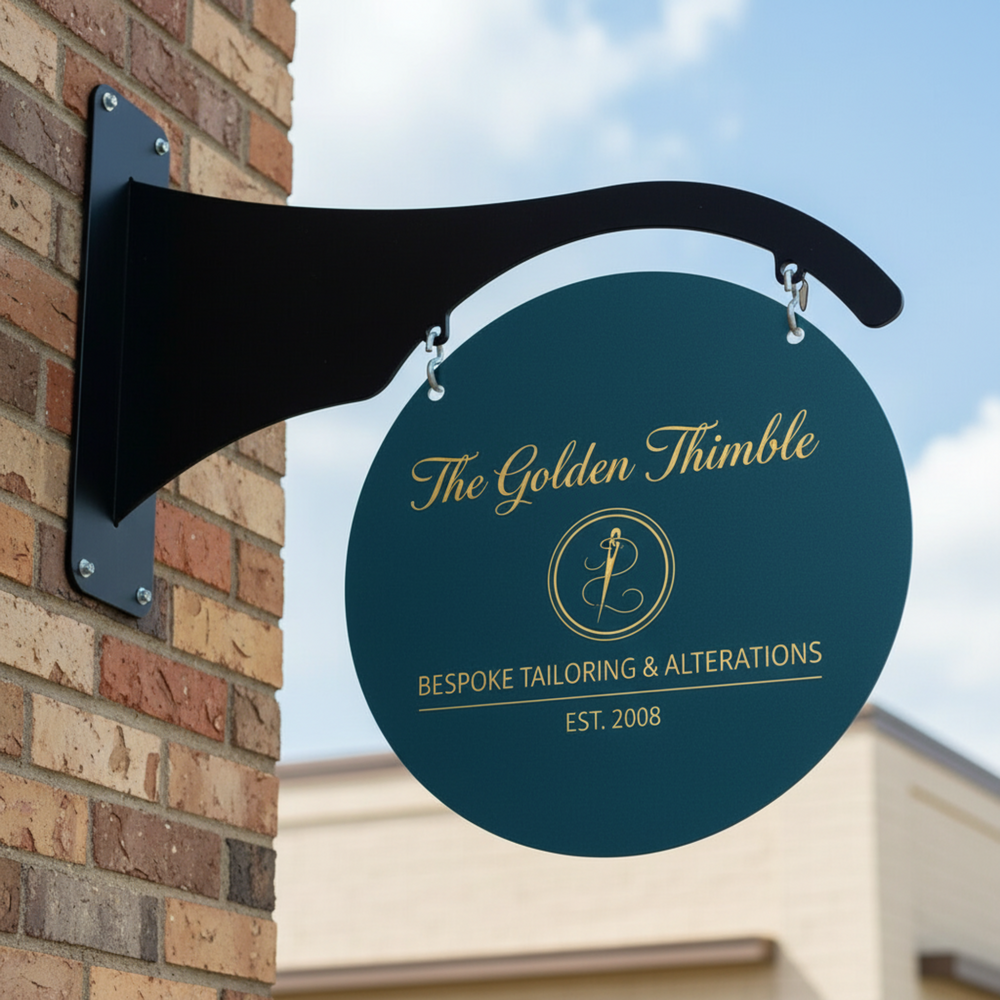 Blue Custom Double-Sided Metal Blade Sign mounted perpendicular on a brown brick wall with "The golden Thimble" logo | Projecting Storefront Sign
front-door-outdoor-sign-house-sensations-art