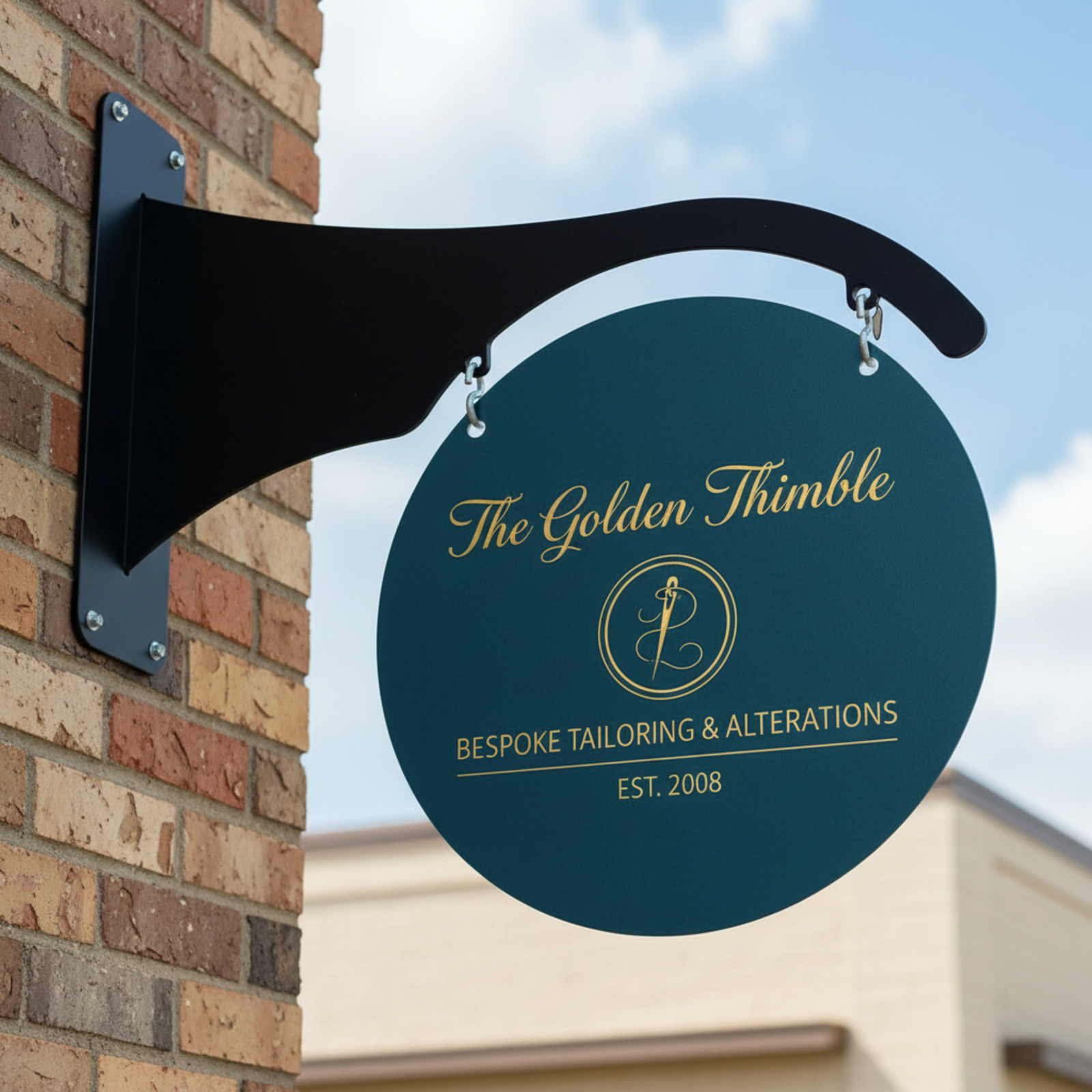 Blue Custom Double-Sided Metal Blade Sign mounted perpendicular on a brown brick wall with "The golden Thimble" logo | Projecting Storefront Sign
front-door-outdoor-sign-house-sensations-art