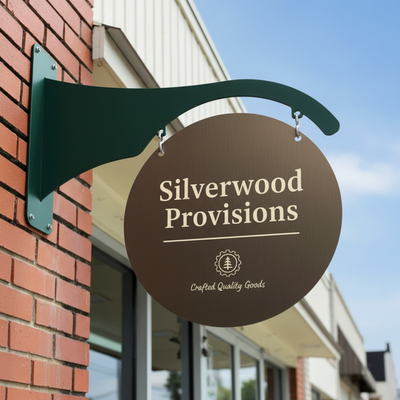 Brown Custom Double-Sided Metal Blade Sign Mounted perpendicular on a brown brick wall with a 