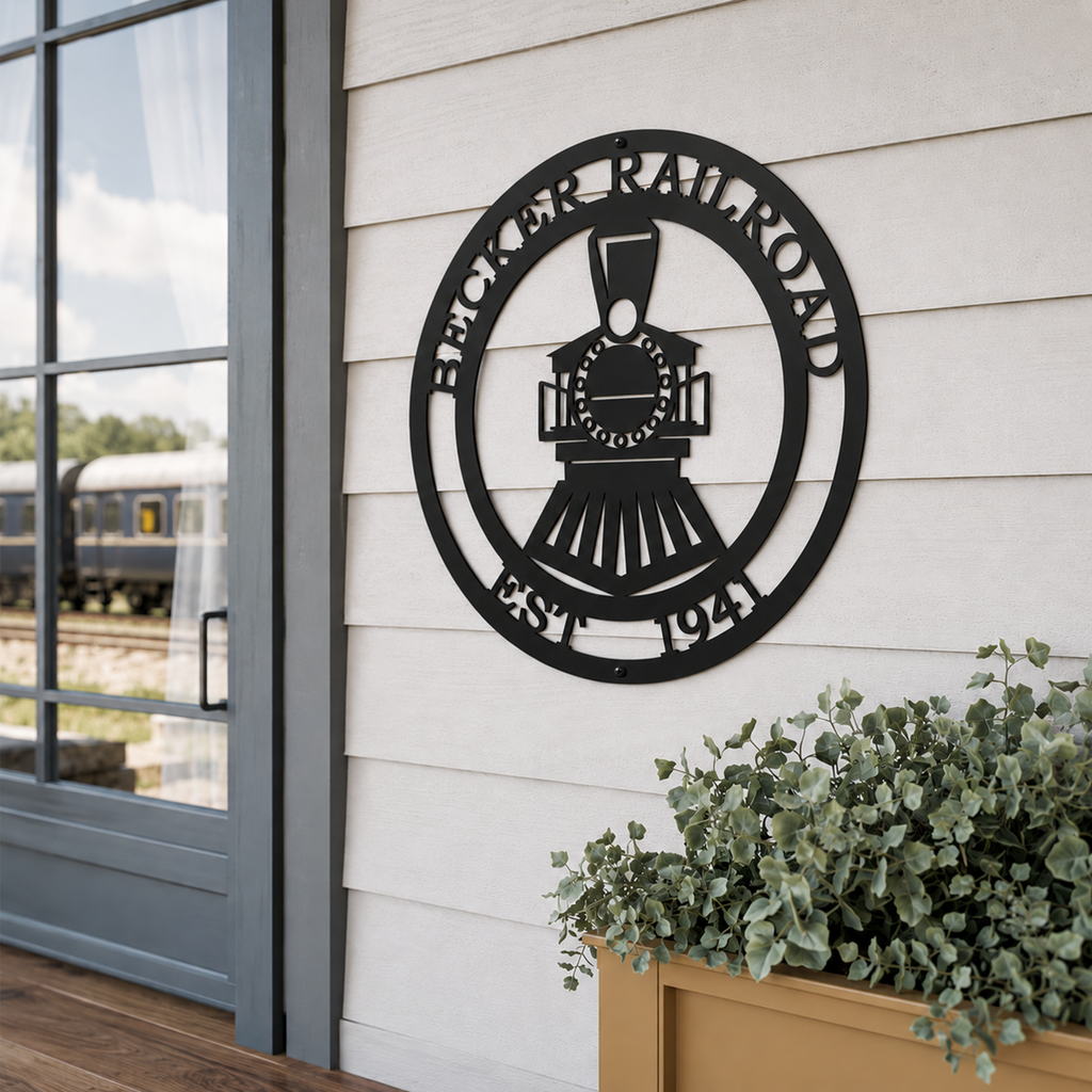 Black Becker Railroad locomotive metal wall decor displayed on exterior siding beside train station platform