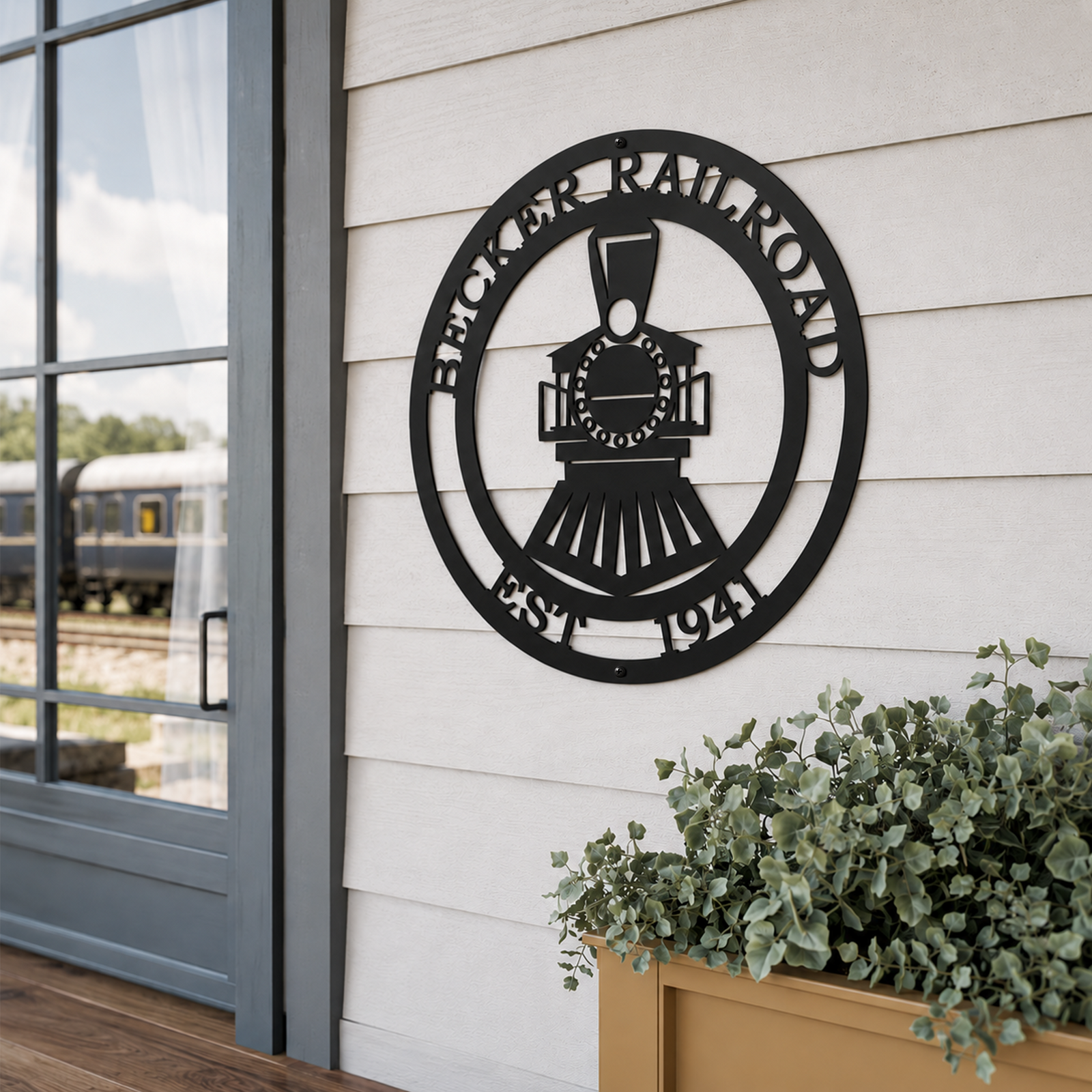 Black Becker Railroad locomotive metal wall decor displayed on exterior siding beside train station platform