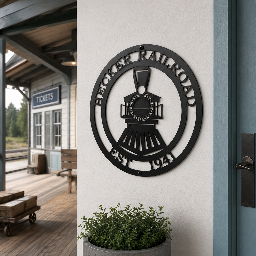 Personalized Becker Railroad train metal wall sign mounted outside rustic train station with vintage railway theme