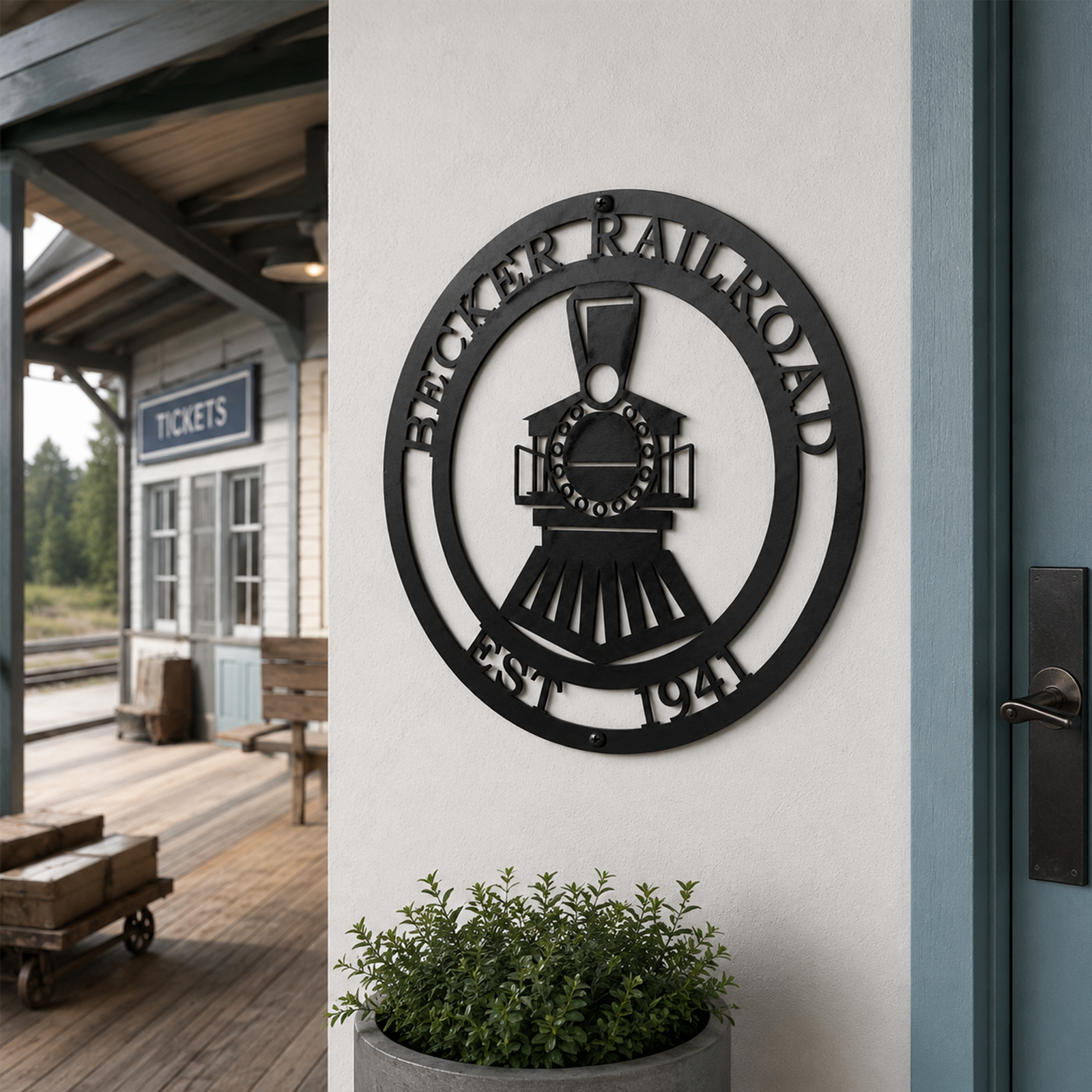 Personalized Becker Railroad train metal wall sign mounted outside rustic train station with vintage railway theme