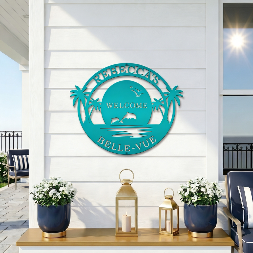 Rebecca Belle Vue turquoise tropical metal wall decor for beach home entryway porch