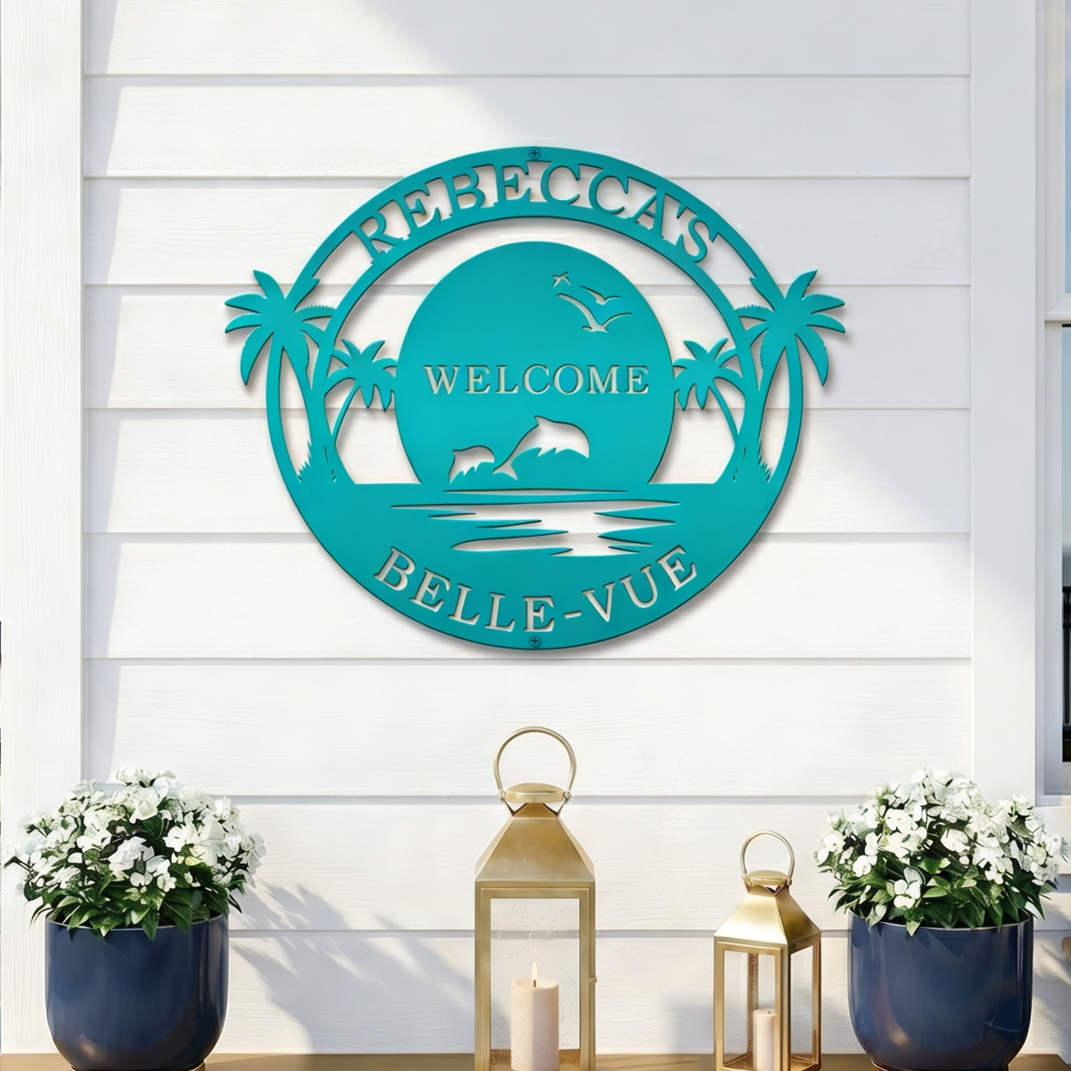 Rebecca Belle Vue turquoise tropical metal wall decor for beach home entryway porch