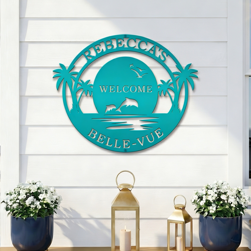 Rebecca Belle Vue turquoise tropical metal wall decor for beach home entryway porch
