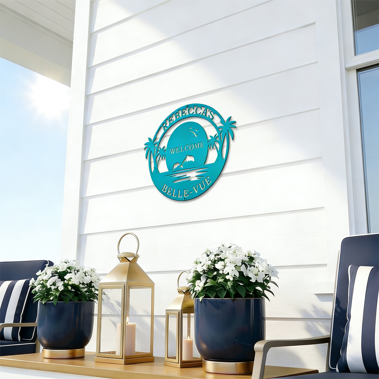 Rebecca Belle Vue turquoise beach house metal wall sign with palm tree and ocean design