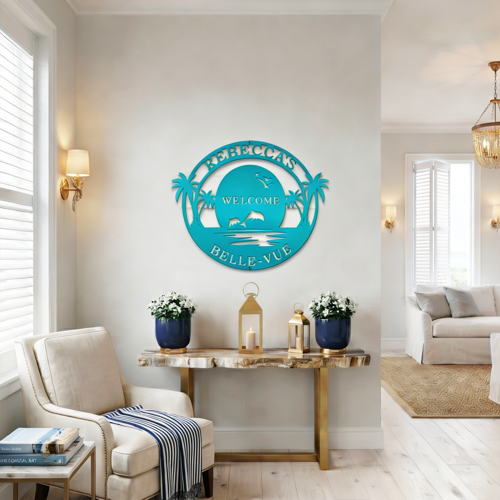 Rebecca Belle Vue turquoise tropical welcome metal sign displayed in coastal entryway decor