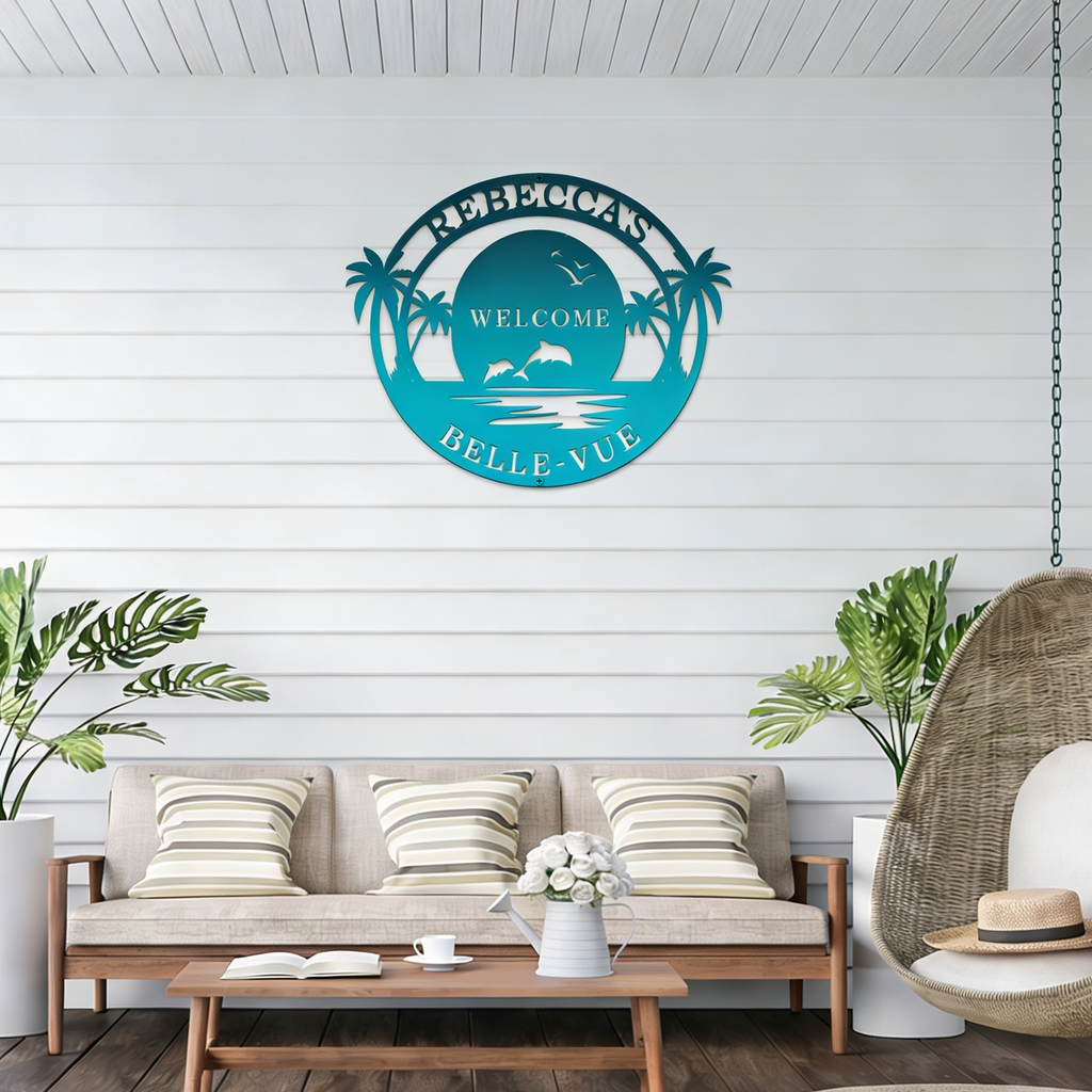 Rebecca Belle Vue turquoise welcome metal sign displayed on coastal patio wall