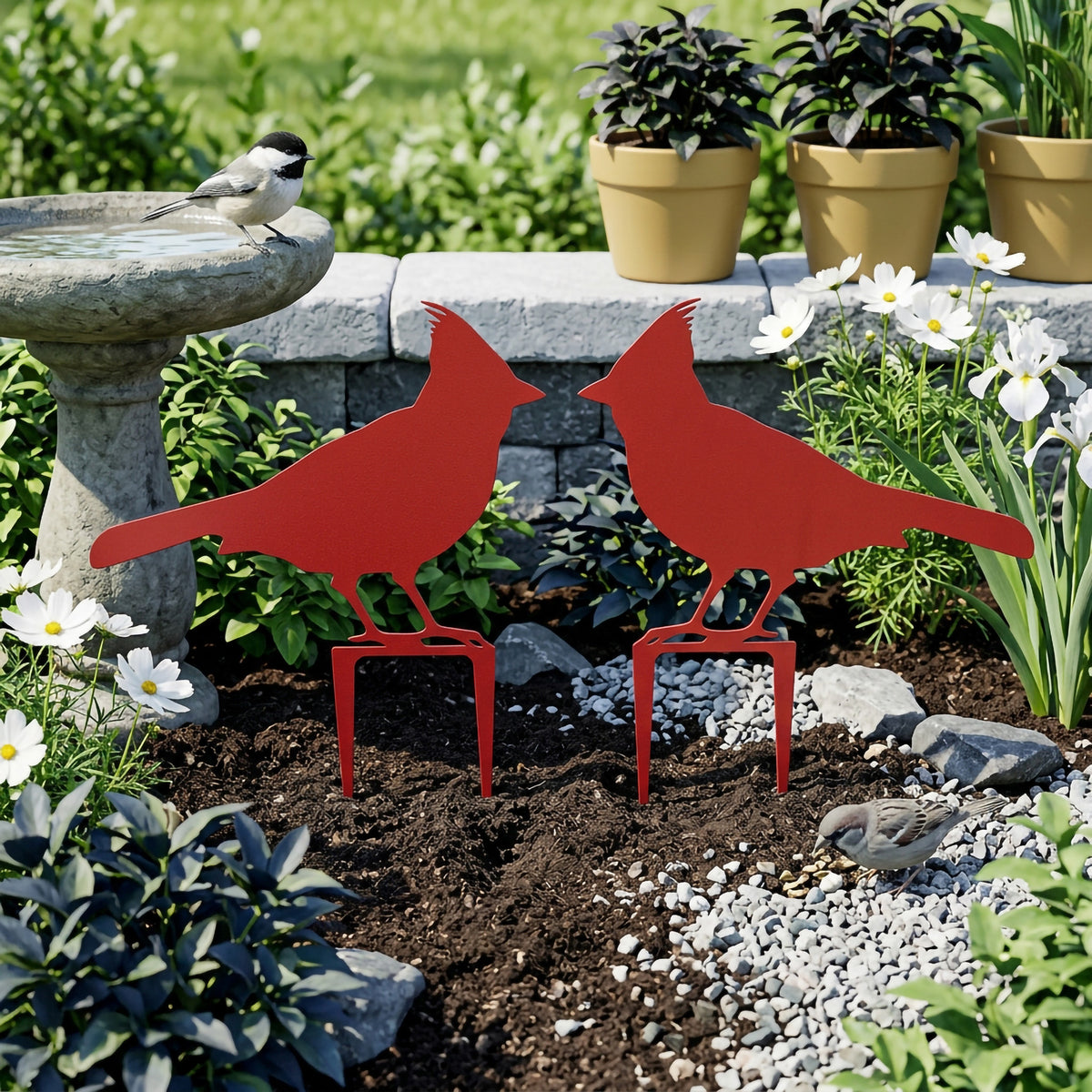 Red metal cardinal garden stakes displayed beside bird bath and flowers in decorative backyard garden landscape