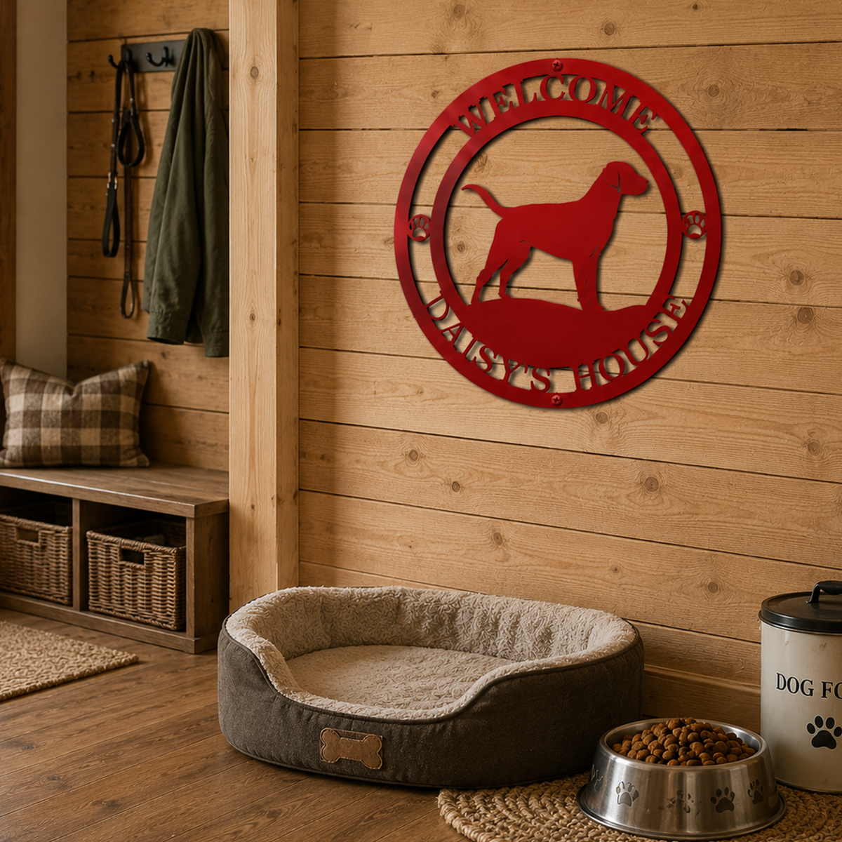 Red personalized dog welcome metal wall art mounted in cozy pet room beside dog bed and food bowls