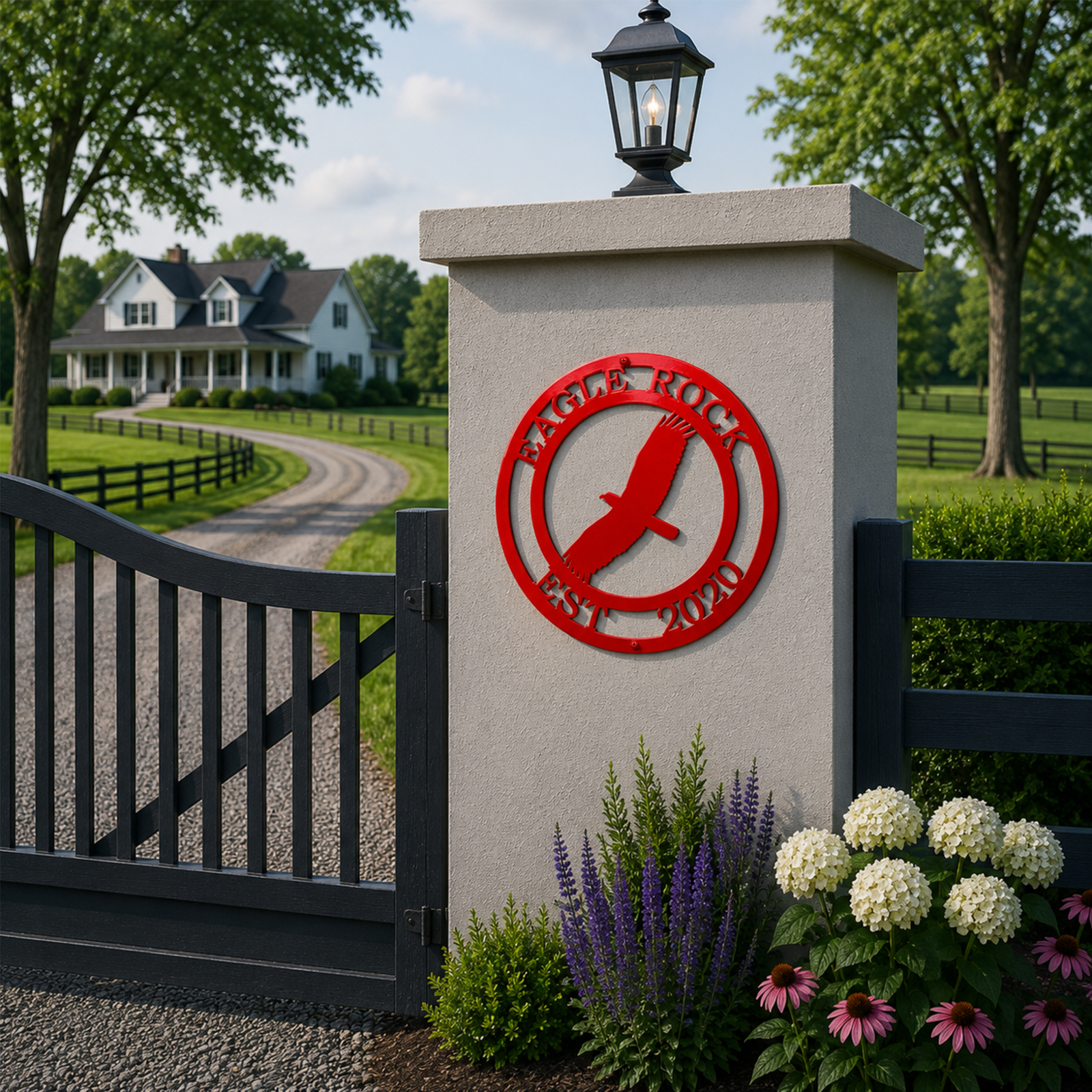 Red personalized eagle metal sign with Eagle Rock and Est 2020 mounted on an estate gate pillar