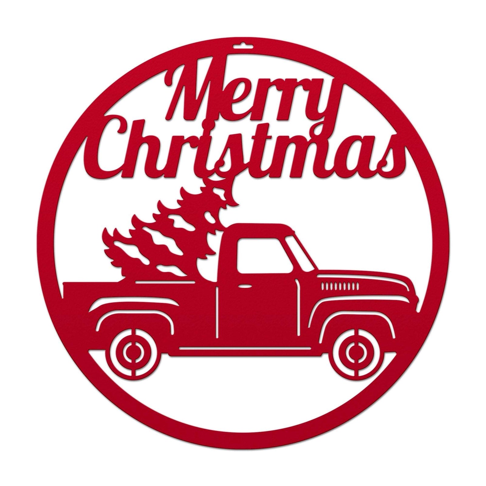 Decorative sign with red truck carrying Christmas tree and Merry Christmas text, festive holiday décor for seasonal home or wall display
