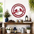 Red chickadee cottage metal wall sign with bird branch design for farmhouse decor