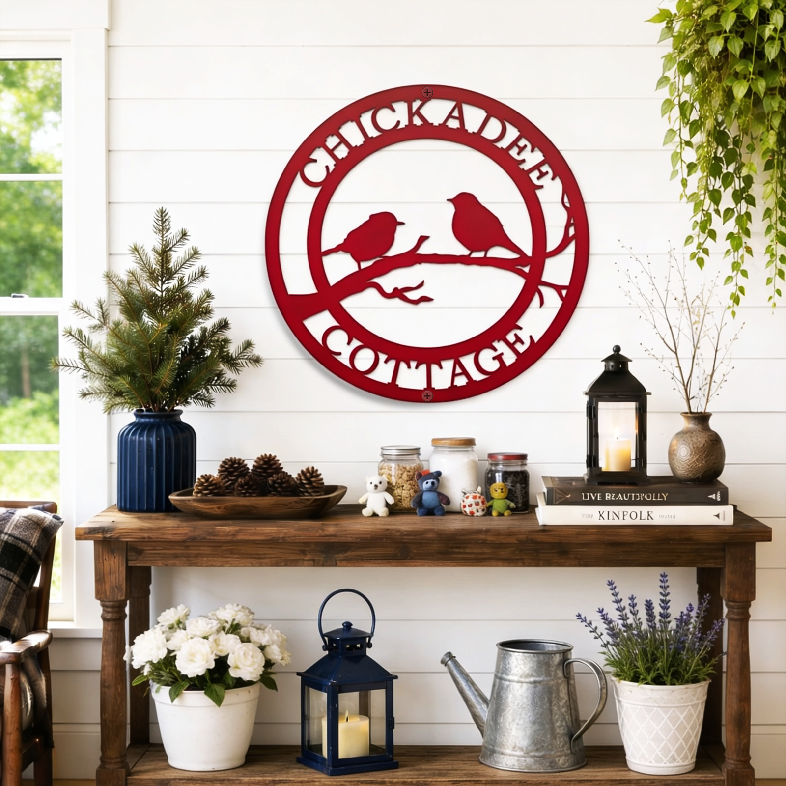 Red chickadee cottage metal wall sign with bird branch design for farmhouse decor