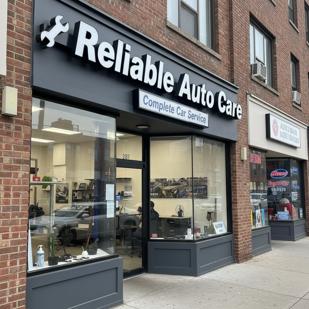 Modern auto repair shop storefront sign with illuminated dimensional channel letters mounted on black fascia above automotive service business entrance