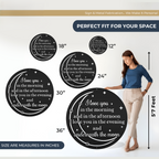 Size comparison chart showing romantic moon quote metal wall signs in 12 inch 18 inch 24 inch 30 inch and 36 inch sizes beside a 5 foot 7 inch woman for scale reference