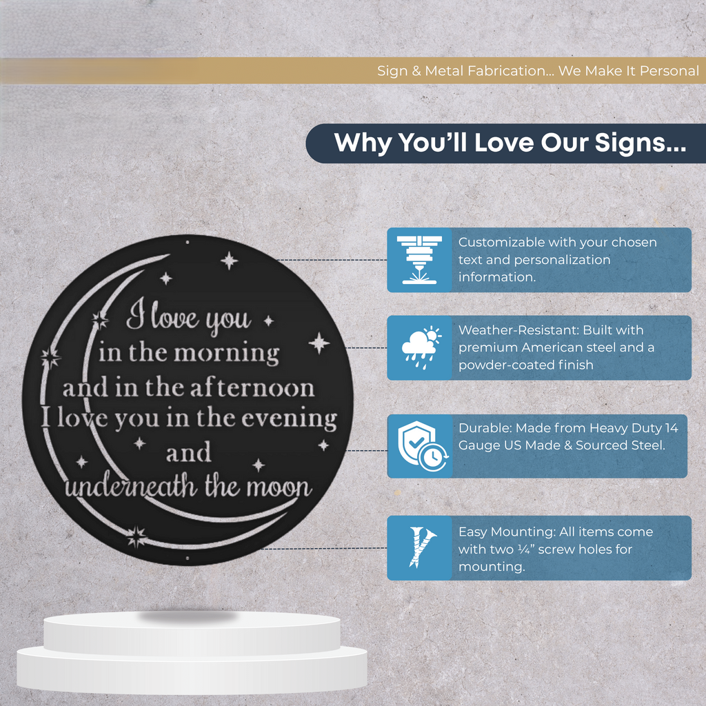 Feature infographic for a romantic moon quote metal wall sign highlighting customizable text weather resistant powder coated finish heavy duty American steel and easy mounting options for indoor and outdoor decor