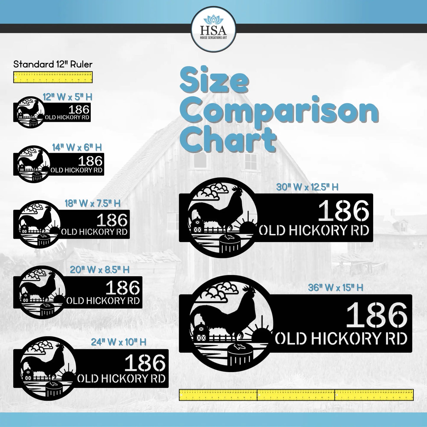 Rooster Farm Address Sign Plaque featuring custom house numbers and street name, weather-resistant for outdoor use, ideal for farmhouse décor; includes size comparison chart for personalized selection.