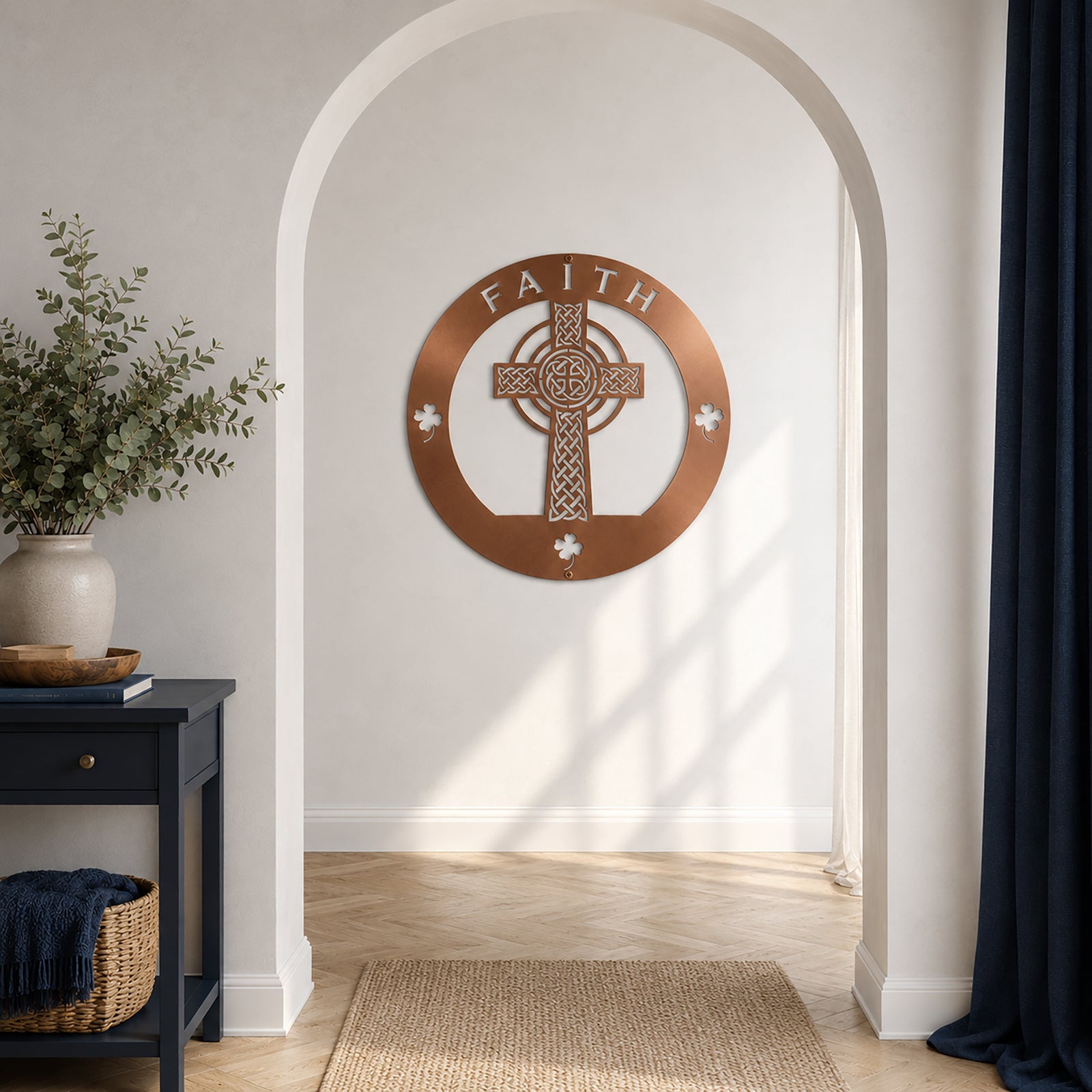 Rose gold Irish inspired Celtic cross wall sign with shamrock accents displayed in a bright arched hallway