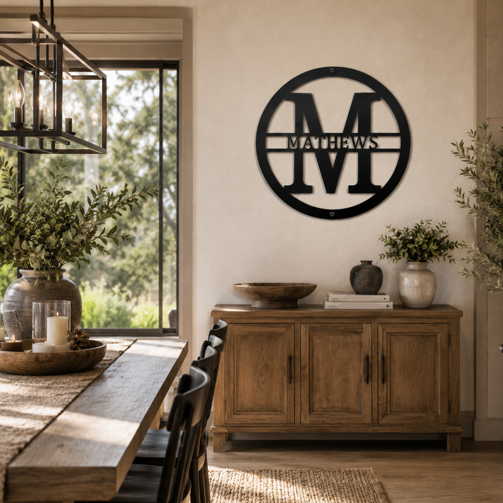 Round Metal Wall Sign with Family Name for Gate and Door Decor
