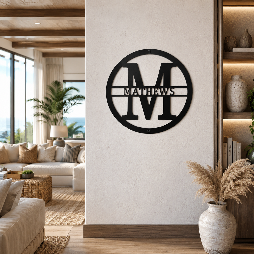 Round Metal Wall Sign with Family Name for Gate and Door Decor