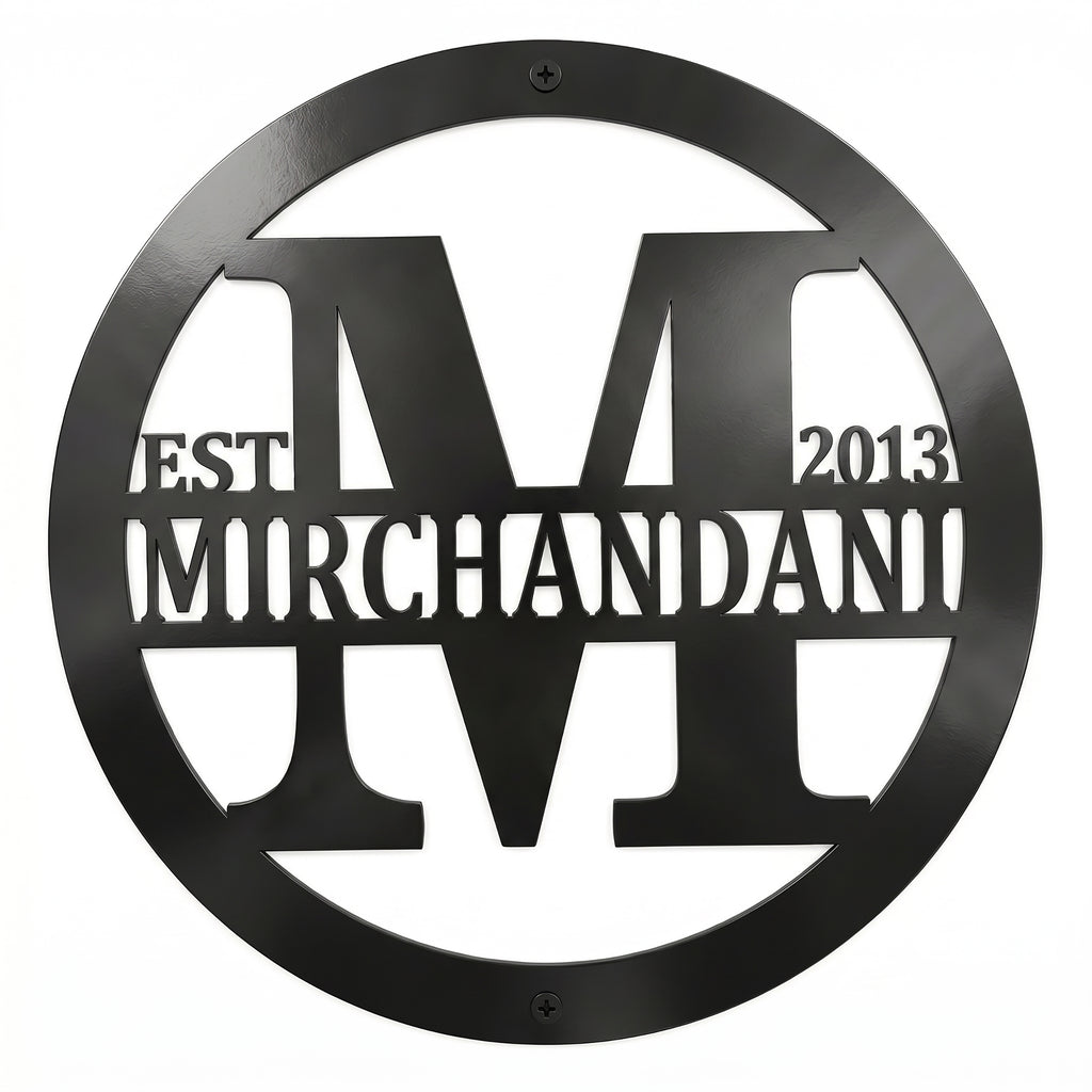 Personalized black family monogram metal sign with Merchandani name and established year 2013 on white background