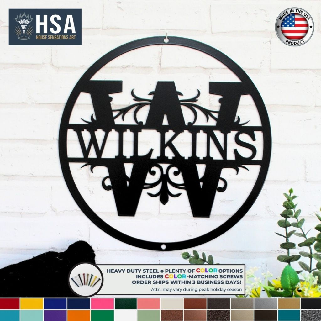 Custom Round Split Name monogram metal wall decor featuring “WILKINS” text on a white brick wall, personalized family initial décor for home walls background.