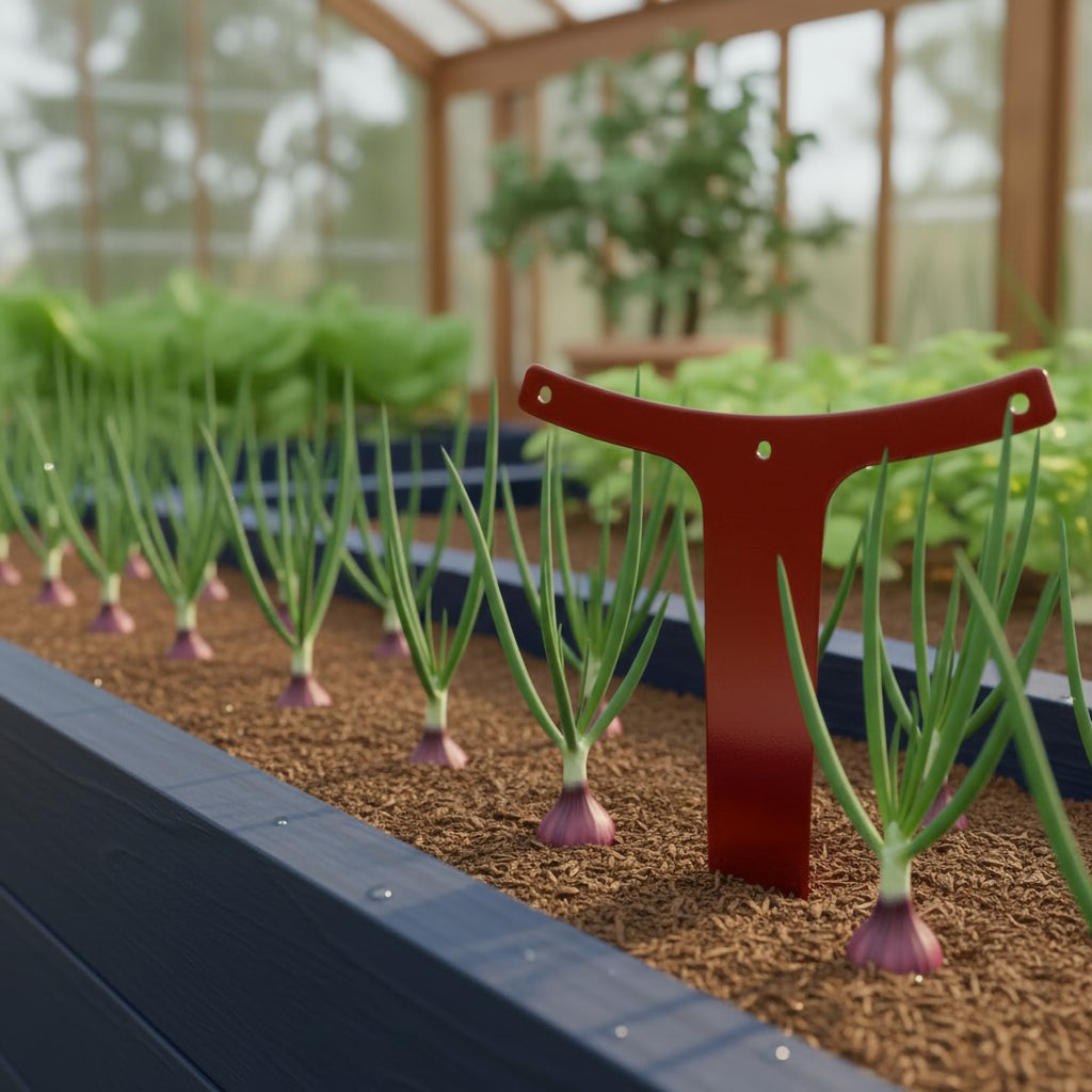 A deep red metal T-shaped garden label standing prominently in a neat row of growing red onions inside a wooden greenhouse raised bed.