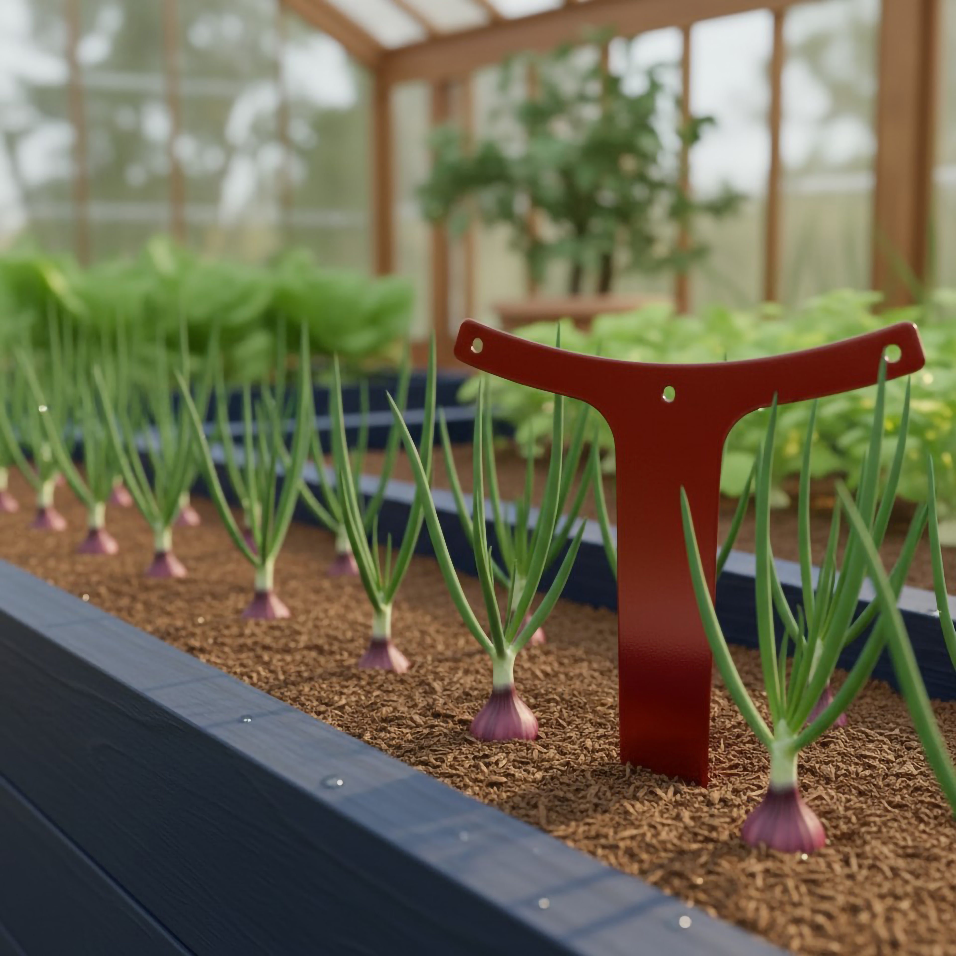 A deep red metal T-shaped garden label standing prominently in a neat row of growing red onions inside a wooden greenhouse raised bed.