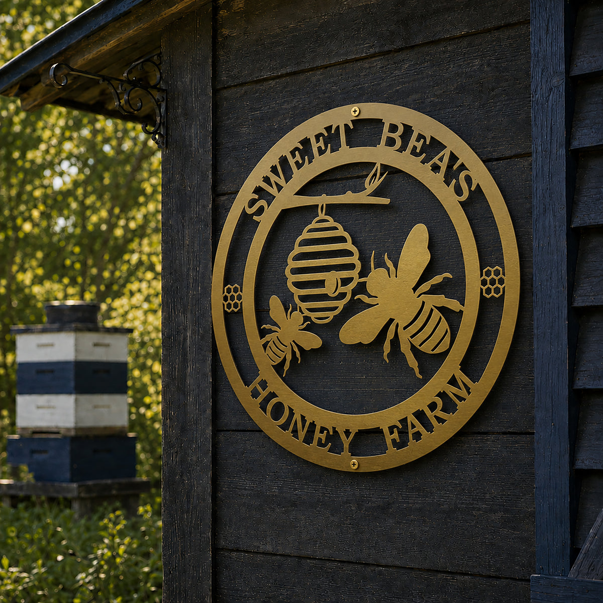 Gold honey bee metal sign displayed on rustic barn wall for farmhouse decor