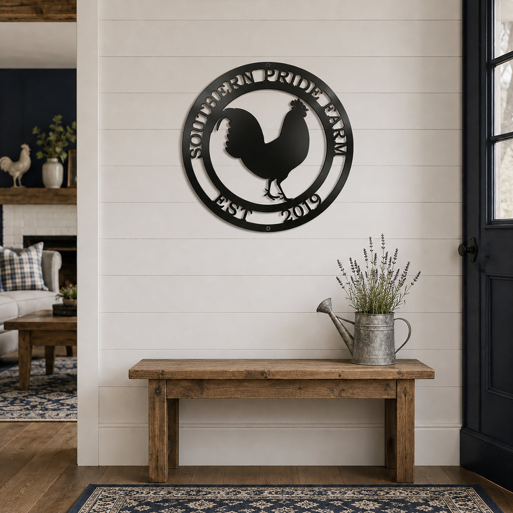 Black rooster farm metal wall art mounted above wooden bench in modern farmhouse entryway decor