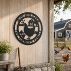 Black custom chicken farm sign with barn windmill hen and chicks on rustic wood wall with chickens outside