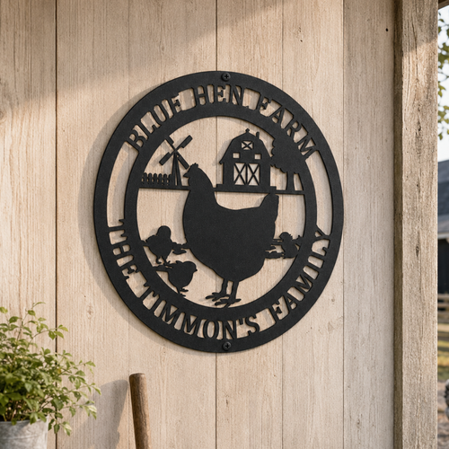 Black custom chicken farm sign with barn windmill hen and chicks on rustic wood wall with chickens outside