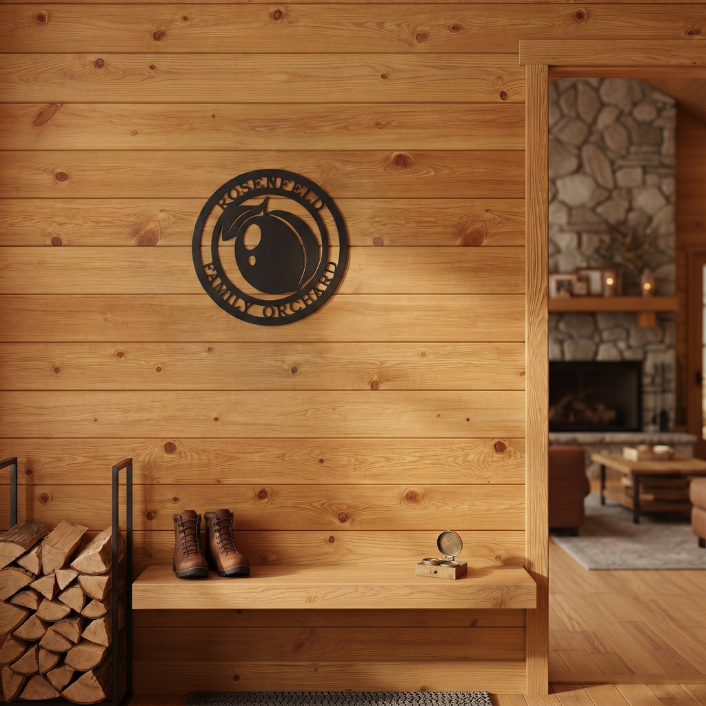 Custom peach orchard metal wall sign mounted on warm wooden cabin wall with rustic lodge inspired interior