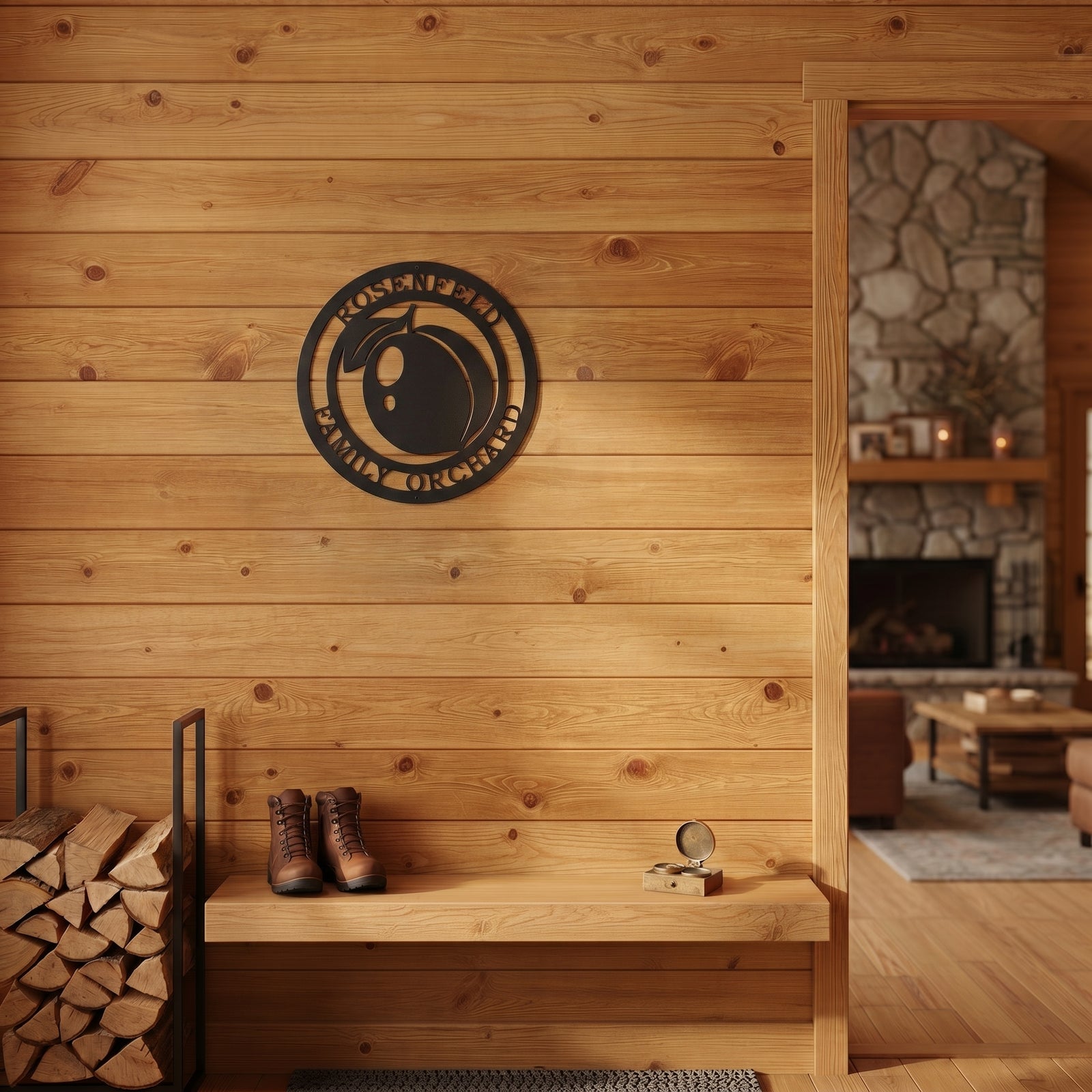 Custom peach orchard metal wall sign mounted on warm wooden cabin wall with rustic lodge inspired interior