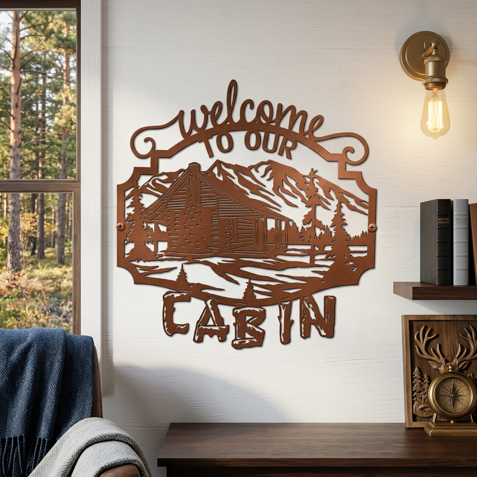 Copper welcome to our cabin metal sign with detailed mountain cabin design mounted on a cozy lodge style wall