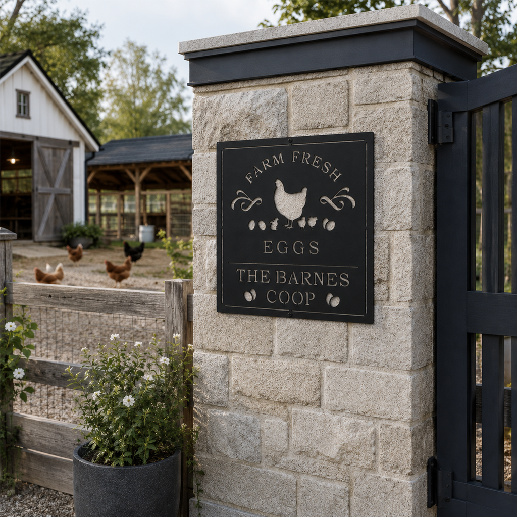 Black Farm Fresh Eggs chicken coop sign displayed on a stone entrance post beside a farmhouse gate and backyard chicken coop