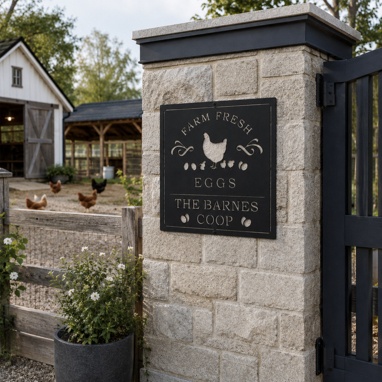 Black Farm Fresh Eggs chicken coop sign displayed on a stone entrance post beside a farmhouse gate and backyard chicken coop