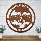 Rustic brown chipmunk hollow metal wall decor with woodland animal scene and tree silhouette mounted on white brick wall