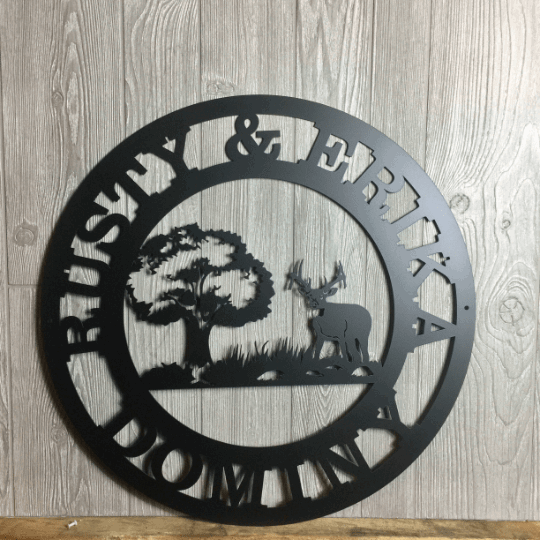 Personalized deer hunting lodge metal sign with tree silhouette and custom family name wall decor