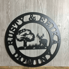 Personalized deer hunting lodge metal sign with tree silhouette and custom family name wall decor