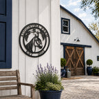 Personalized horse farm metal sign mounted on rustic barn wall beside vineyard and farmhouse décor