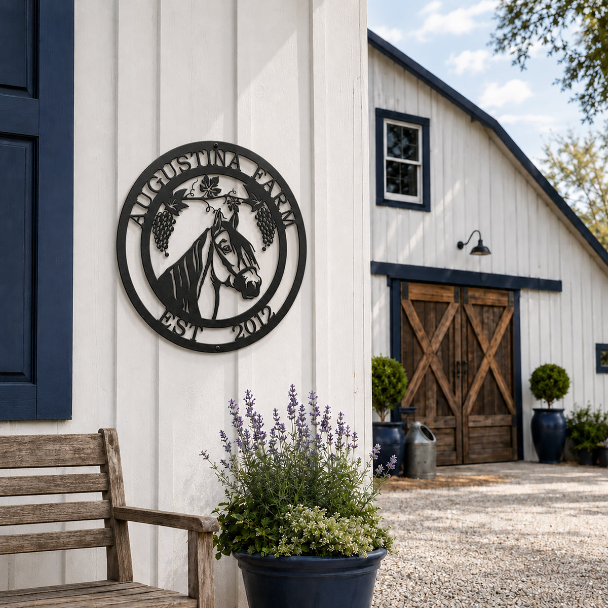 Personalized horse farm metal sign mounted on rustic barn wall beside vineyard and farmhouse décor
