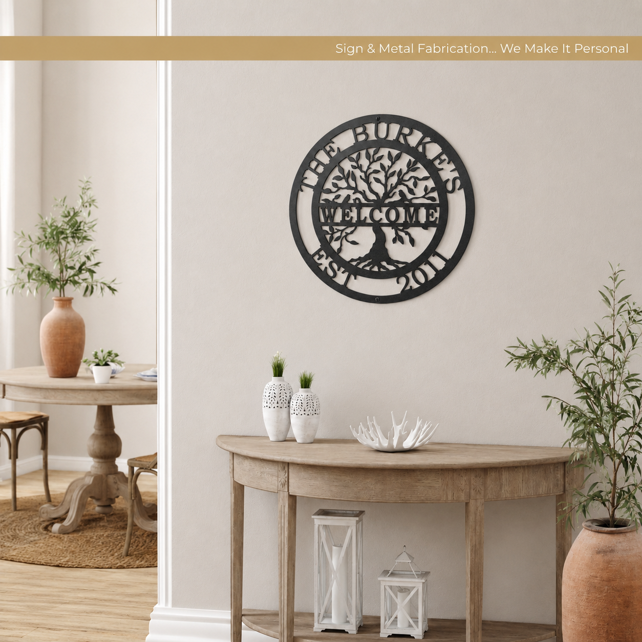Personalized tree of life metal wall sign with custom family name and established year styled on rustic console table