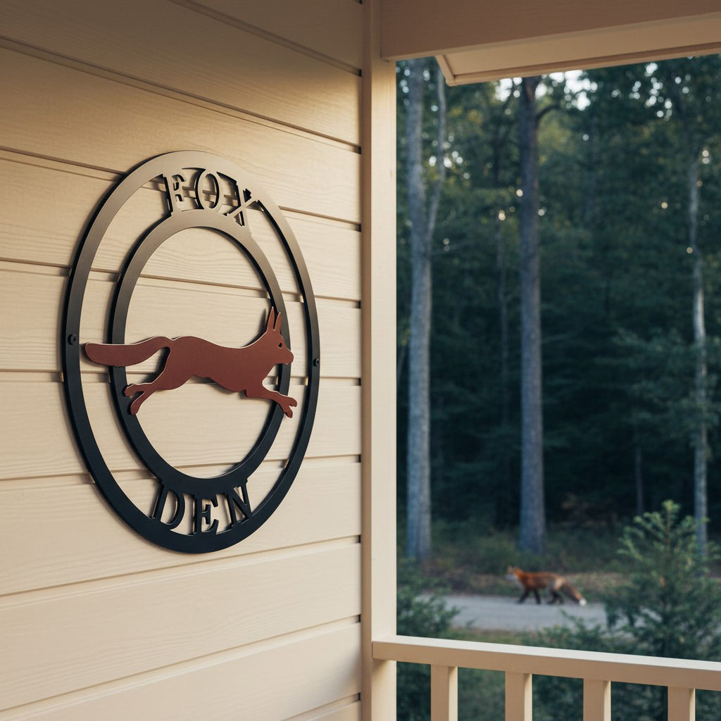 Fox den metal wall art with black circle frame and rust fox accent displayed on a light wood cabin wall near porch seating