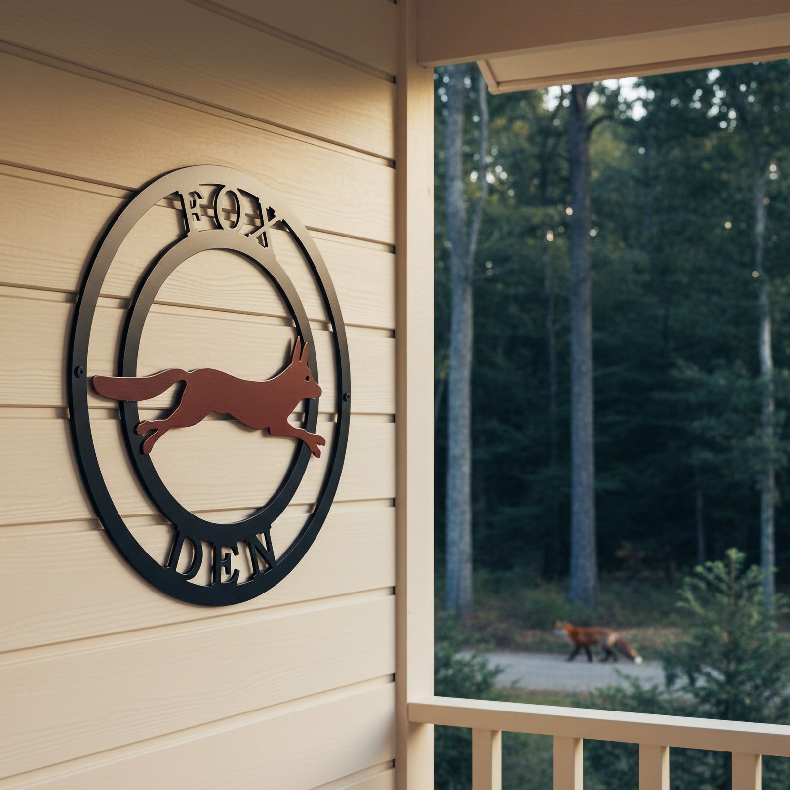 Fox den metal wall art with black circle frame and rust fox accent displayed on a light wood cabin wall near porch seating