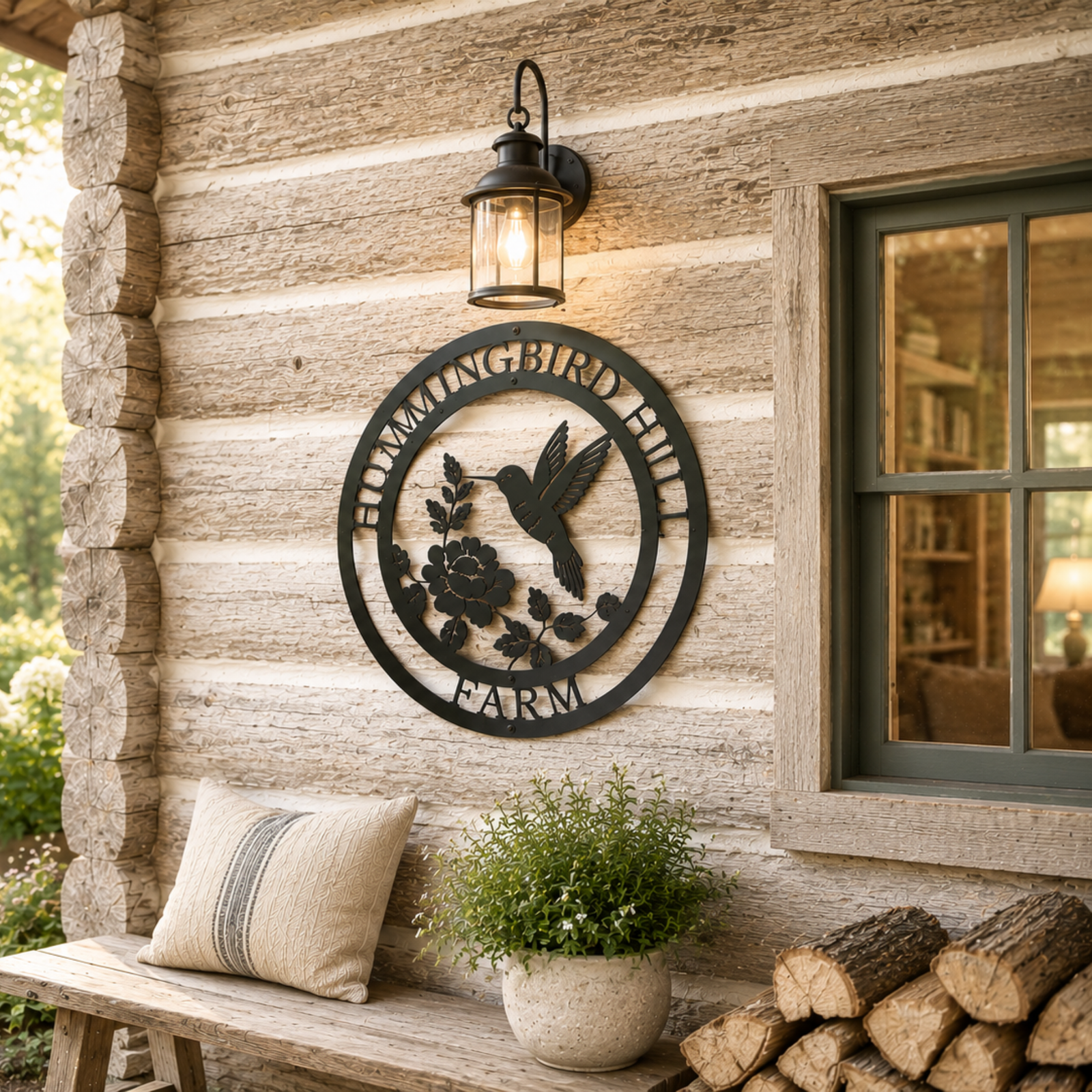 Black metal hummingbird farm sign hanging on rustic cabin exterior wall with warm lantern lighting and farmhouse styling