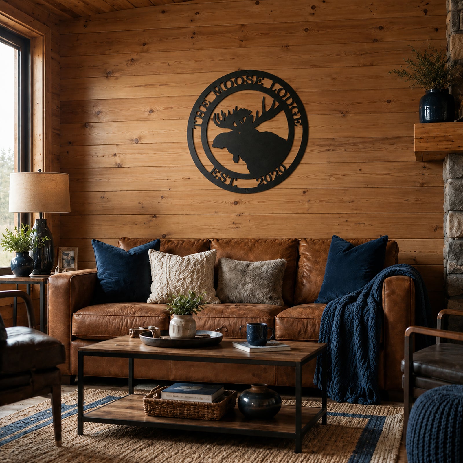 Black moose lodge personalized metal wall art hanging above leather sofa in cozy rustic cabin living room