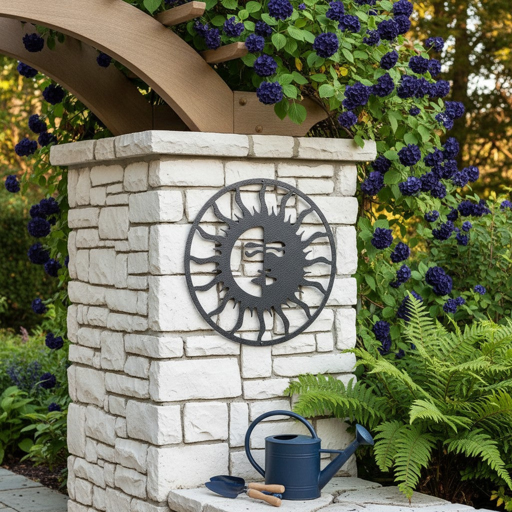 A black round metal sun face sign fixed onto a textured white stacked-stone pillar in a garden setting, with a blue watering can and garden spade resting below it.